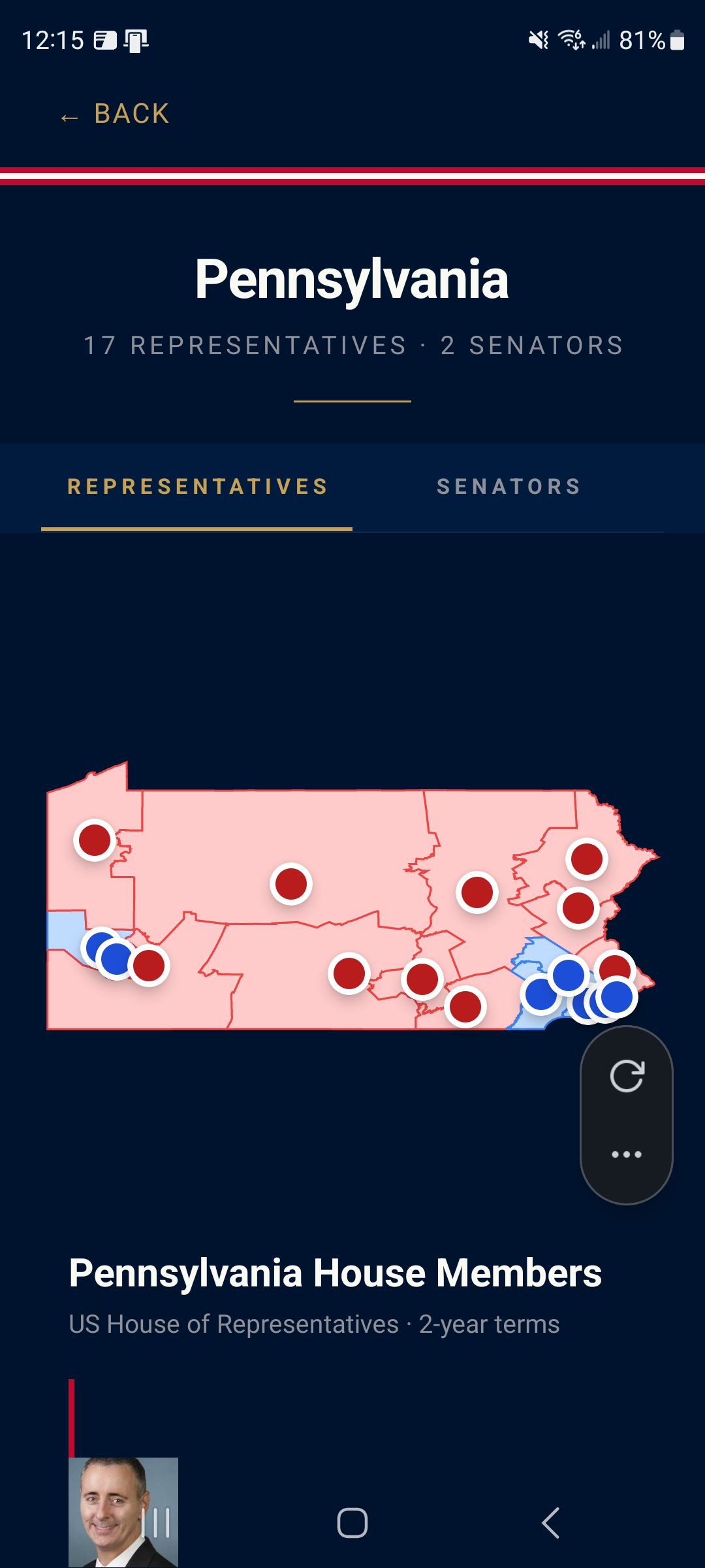 TrackAmerica mobile Pennsylvania page with district map and tabs